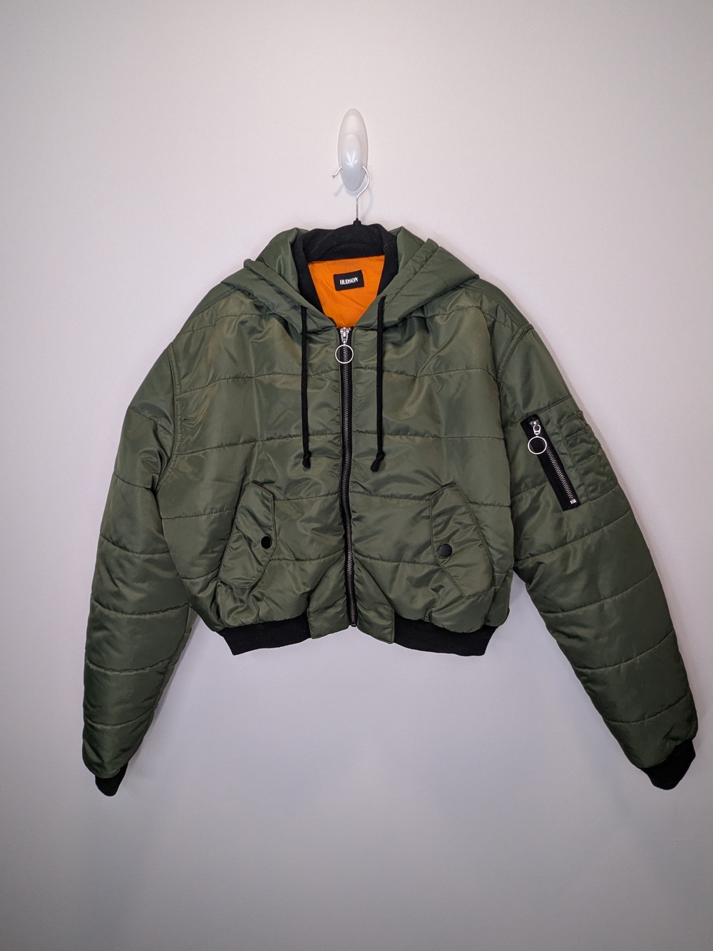 Hudson Jeans Olive Green Oversized Hooded Cropped Bomber Jacket Medium Layers